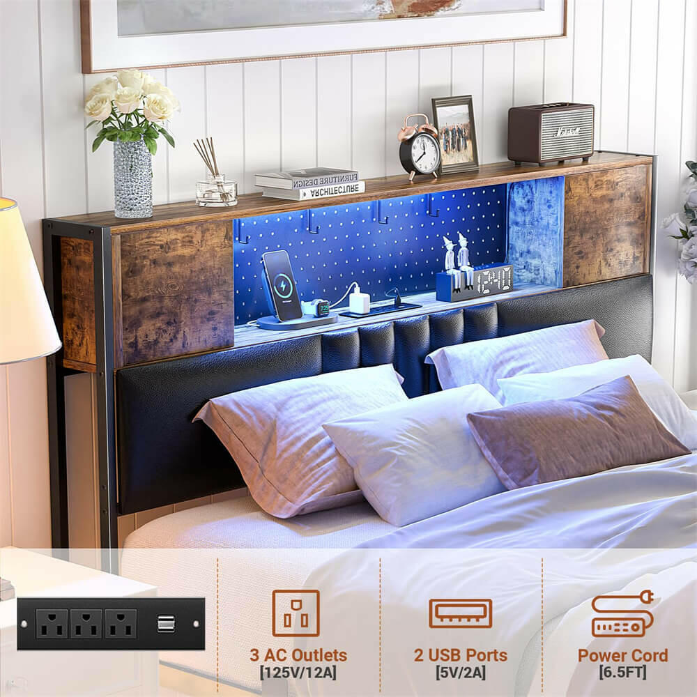 Unikito Queen Size Bed Frame with LED Light and Upholstered Storage Headboard, Metal Platform Full Bed Frame with Charging Station, No Box Spring Needed, Easy Assembly, Noise-Free