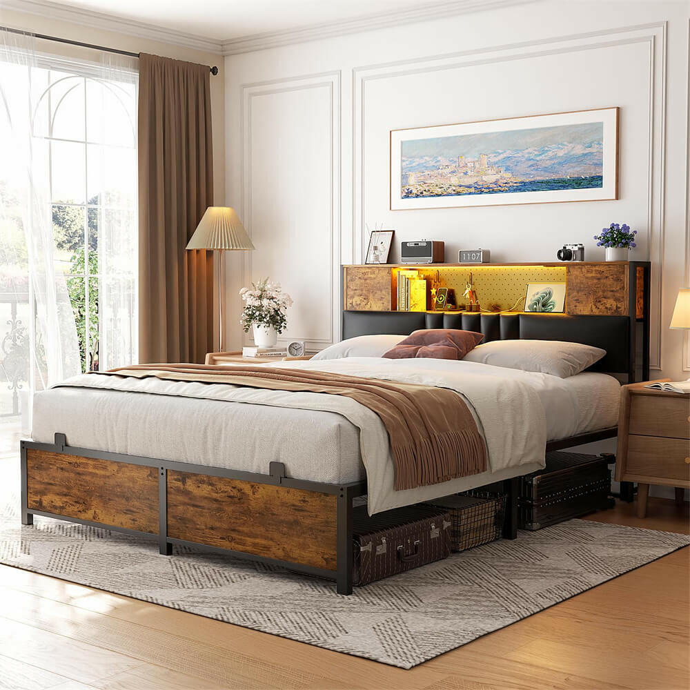 Unikito Queen Size Bed Frame with LED Light and Upholstered Storage Headboard, Metal Platform Full Bed Frame with Charging Station, No Box Spring Needed, Easy Assembly, Noise-Free