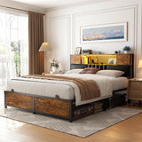 Unikito Queen Size Bed Frame with LED Light and Upholstered Storage Headboard, Metal Platform Full Bed Frame with Charging Station, No Box Spring Needed, Easy Assembly, Noise-Free