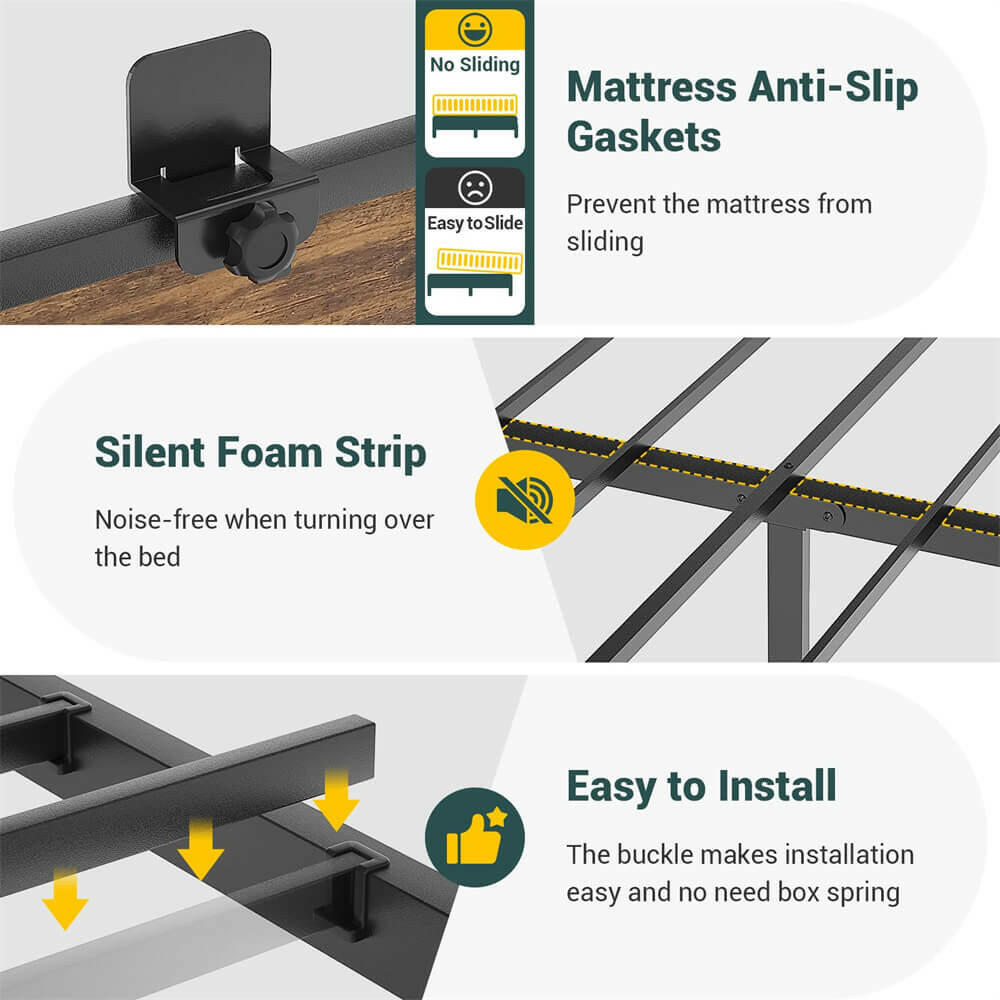 Unikito Queen Size Bed Frame with LED Light and Upholstered Storage Headboard, Metal Platform Full Bed Frame with Charging Station, No Box Spring Needed, Easy Assembly, Noise-Free