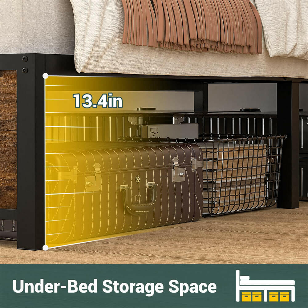 Unikito Queen Size Bed Frame with LED Light and Upholstered Storage Headboard, Metal Platform Full Bed Frame with Charging Station, No Box Spring Needed, Easy Assembly, Noise-Free