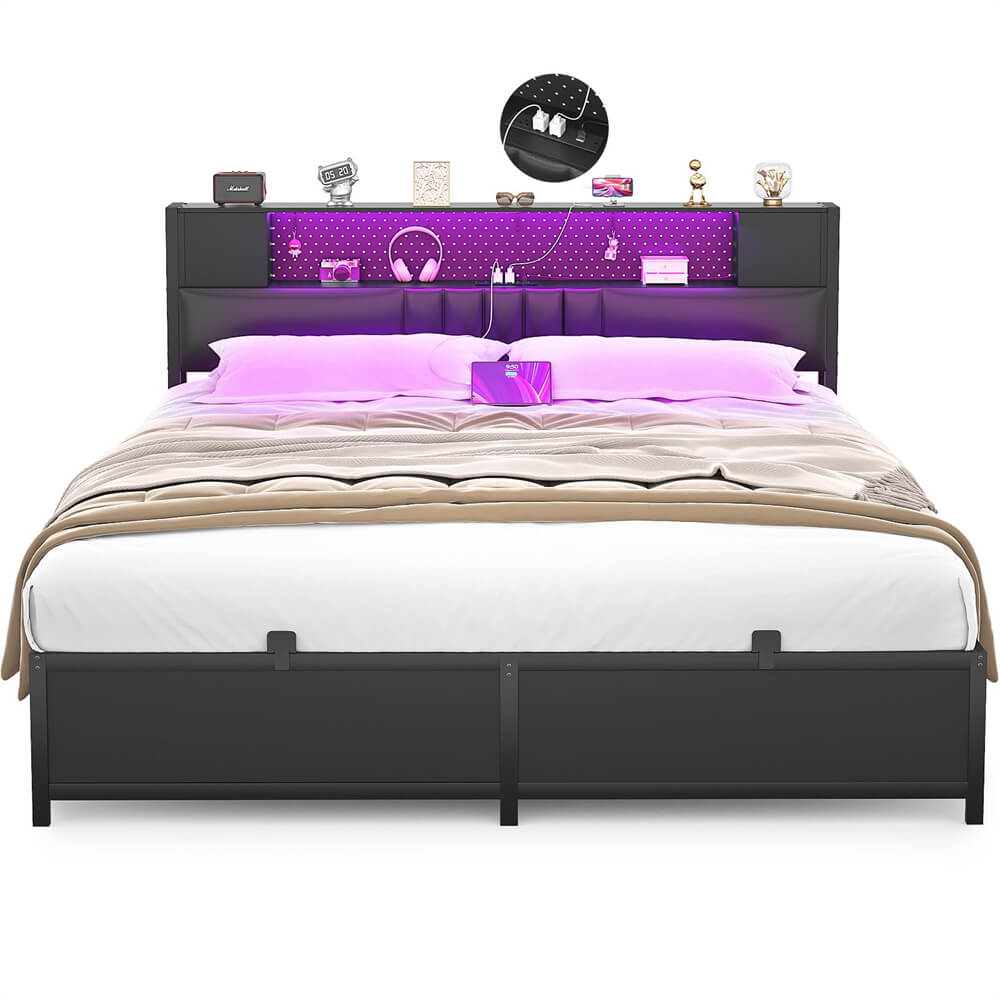 Unikito Queen Size Bed Frame with LED Light and Upholstered Storage Headboard, Metal Platform Full Bed Frame with Charging Station, No Box Spring Needed, Easy Assembly, Noise-Free