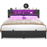 Unikito Queen Size Bed Frame with LED Light and Upholstered Storage Headboard, Metal Platform Full Bed Frame with Charging Station, No Box Spring Needed, Easy Assembly, Noise-Free
