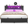 Unikito Queen Size Bed Frame with LED Light and Upholstered Storage Headboard, Metal Platform Full Bed Frame with Charging Station, No Box Spring Needed, Easy Assembly, Noise-Free