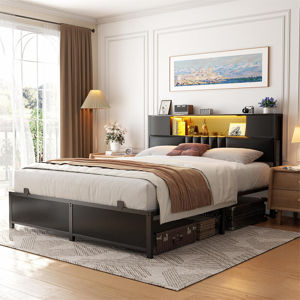 Unikito Queen Size Bed Frame with LED Light and Upholstered Storage Headboard, Metal Platform Full Bed Frame with Charging Station, No Box Spring Needed, Easy Assembly, Noise-Free