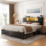Unikito Queen Size Bed Frame with LED Light and Upholstered Storage Headboard, Metal Platform Full Bed Frame with Charging Station, No Box Spring Needed, Easy Assembly, Noise-Free