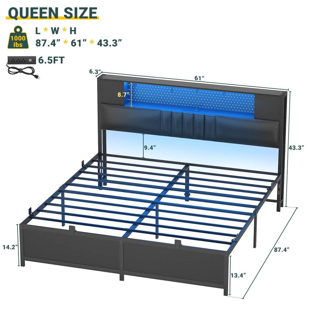 Unikito Queen Size Bed Frame with LED Light and Upholstered Storage Headboard, Metal Platform Full Bed Frame with Charging Station, No Box Spring Needed, Easy Assembly, Noise-Free