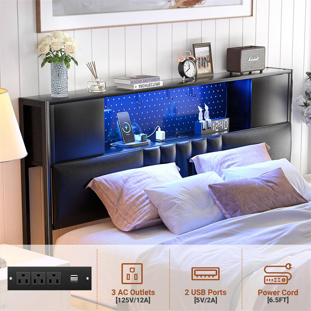Unikito Queen Size Bed Frame with LED Light and Upholstered Storage Headboard, Metal Platform Full Bed Frame with Charging Station, No Box Spring Needed, Easy Assembly, Noise-Free