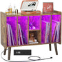 Unikito Record Player Stand with LED Light, Vinyl Record Storage Table with 6 Cabinet, Record Player Stand with Storage and Sockets, Record Display Shelf Wood Legs for Bedroom Living Room