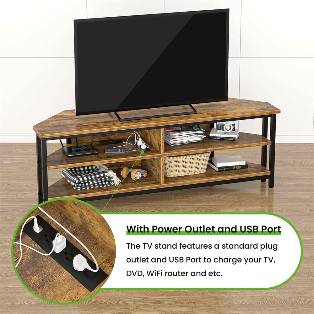 Unikito 55'' Corner TV Stand with Power Outlet, Corner Entertainment Center TV Console Table with 4 Open Storage Shelves, Metal Frame for Living Room, Bedroom, Industrial 60'' Corner TV Stand