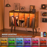Unikito Record Player Stand with LED Light, Vinyl Record Storage Table with 6 Cabinet, Record Player Stand with Storage and Sockets, Record Display Shelf Wood Legs for Bedroom Living Room