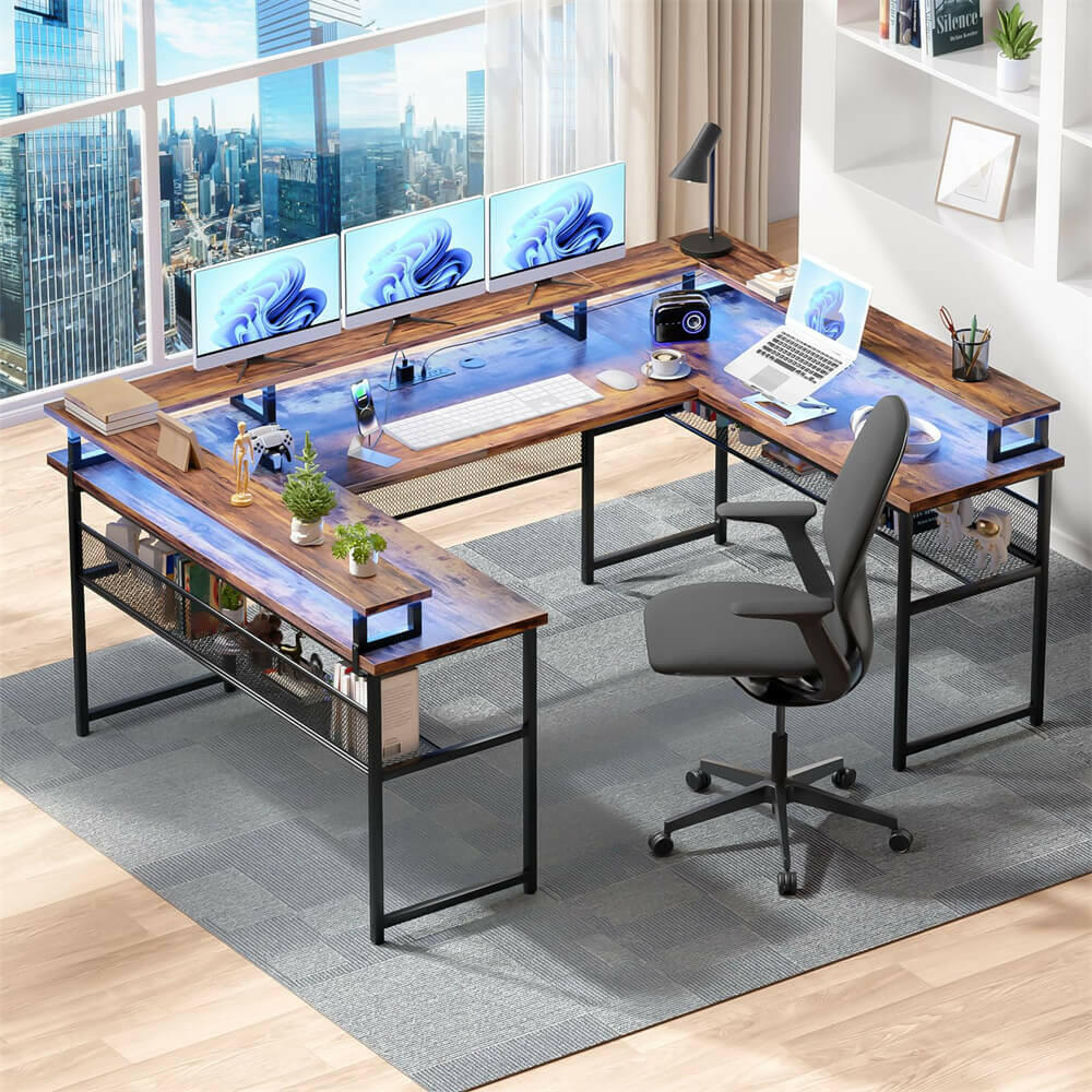 Unikito U Shaped Computer Desks Reversible Office Desk with LED Strip