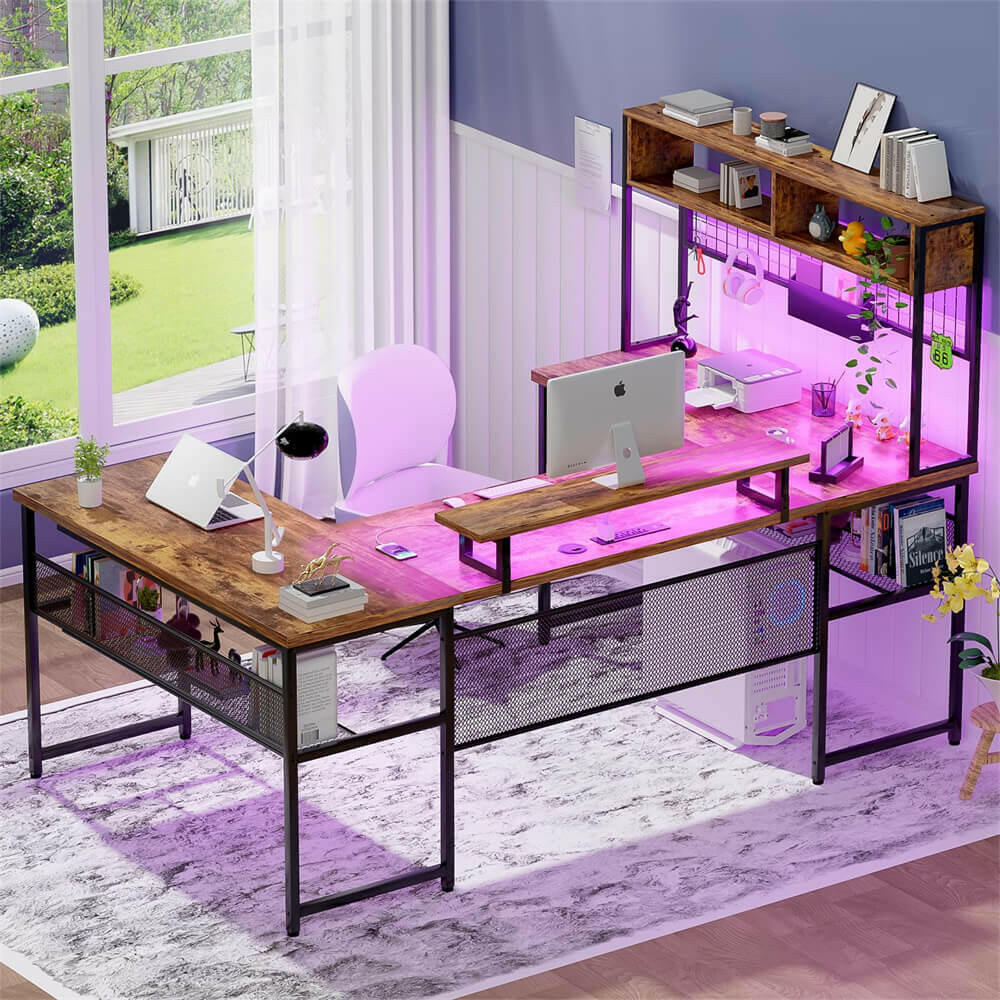 Unikito U Shaped Desk with Hutch, Reversible L Shaped Computer Desk wi