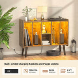 Unikito Record Player Stand with LED Light, Vinyl Record Storage Table with 6 Cabinet, Record Player Stand with Storage and Sockets, Record Display Shelf Wood Legs for Bedroom Living Room