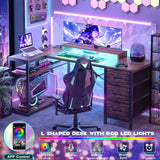53 Inch L Shaped Computer Gaming Desk with Power Outlets & LED Lights, Corner Desk with 3 Fabric Drawers and Shelves, Reversible