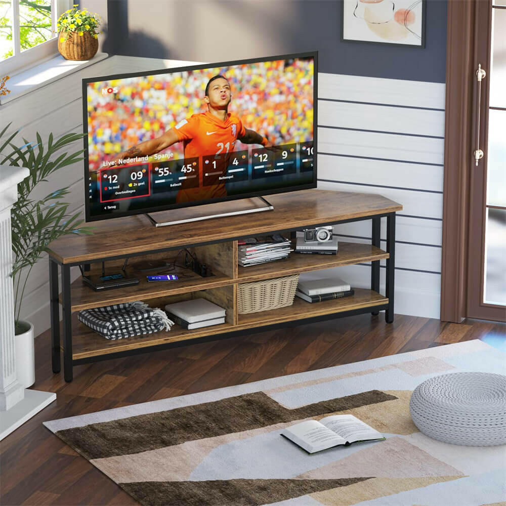 Unikito 55'' Corner TV Stand with Power Outlet, Corner Entertainment Center TV Console Table with 4 Open Storage Shelves, Metal Frame for Living Room, Bedroom, Industrial 60'' Corner TV Stand