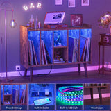 Unikito Record Player Stand with LED Light, Vinyl Record Storage Table with 6 Cabinet, Record Player Stand with Storage and Sockets, Record Display Shelf Wood Legs for Bedroom Living Room