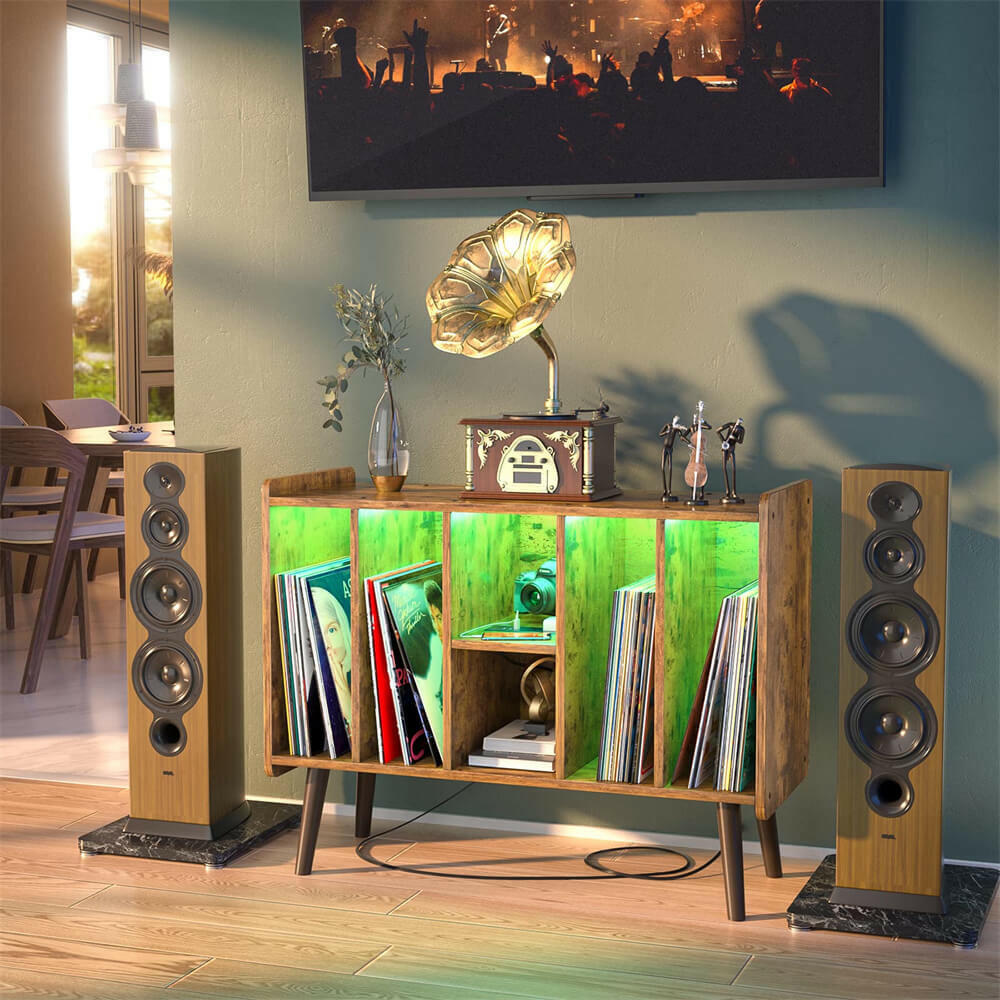 Unikito Record Player Stand with LED Light, Vinyl Record Storage Table with 6 Cabinet, Record Player Stand with Storage and Sockets, Record Display Shelf Wood Legs for Bedroom Living Room
