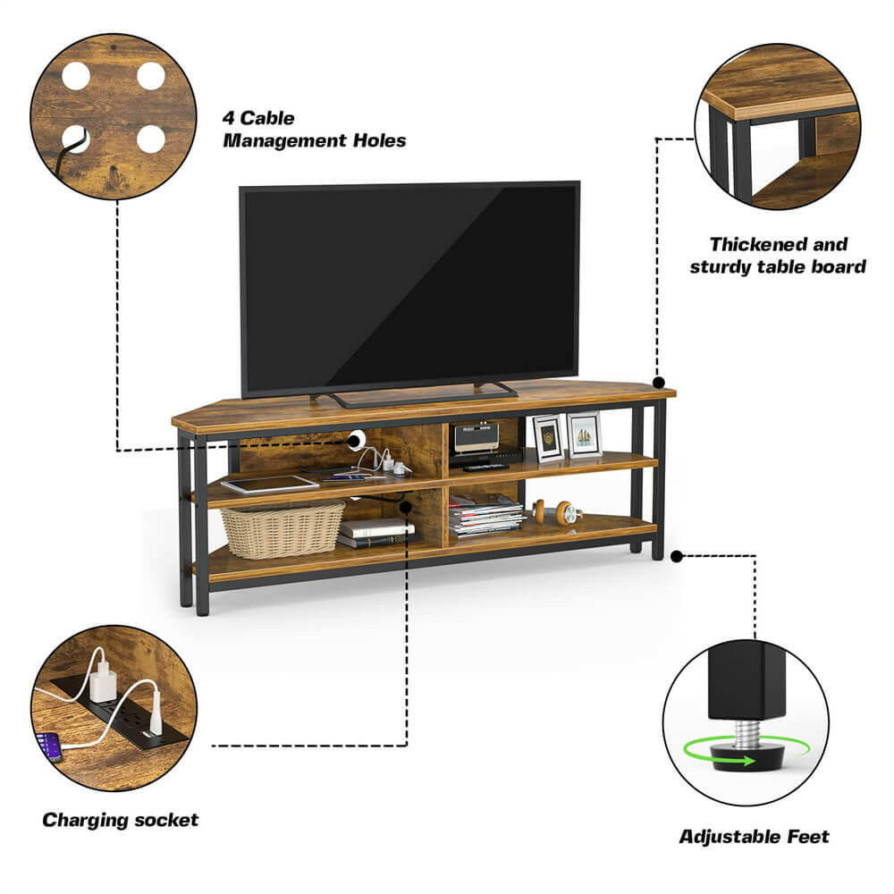 Unikito 55'' Corner TV Stand with Power Outlet, Corner Entertainment Center TV Console Table with 4 Open Storage Shelves, Metal Frame for Living Room, Bedroom, Industrial 60'' Corner TV Stand