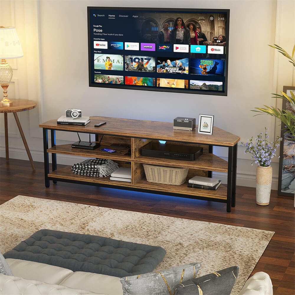 Unikito 55'' Corner TV Stand with Power Outlet, Corner Entertainment Center TV Console Table with 4 Open Storage Shelves, Metal Frame for Living Room, Bedroom, Industrial 60'' Corner TV Stand