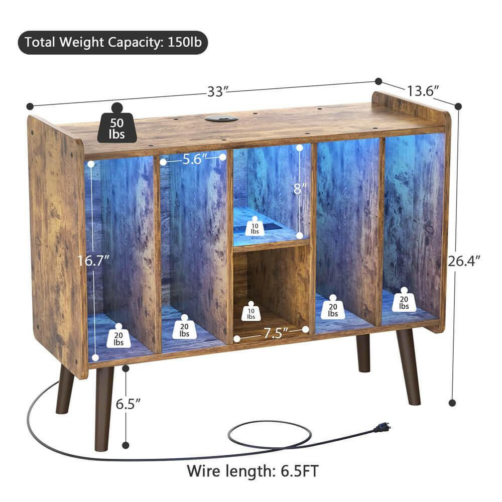 Unikito Record Player Stand with LED Light, Vinyl Record Storage Table with 6 Cabinet, Record Player Stand with Storage and Sockets, Record Display Shelf Wood Legs for Bedroom Living Room