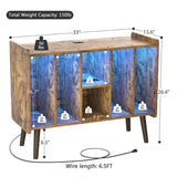 Unikito Record Player Stand with LED Light, Vinyl Record Storage Table with 6 Cabinet, Record Player Stand with Storage and Sockets, Record Display Shelf Wood Legs for Bedroom Living Room