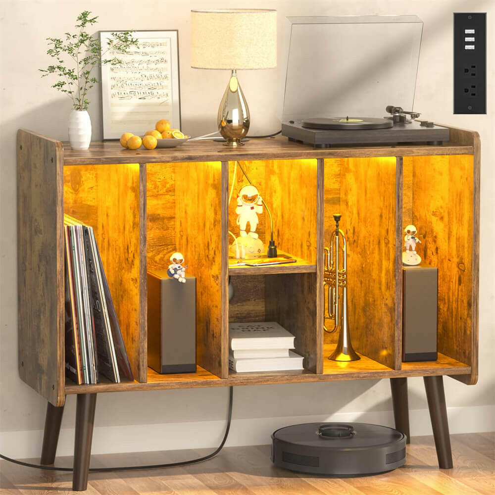 Unikito Record Player Stand with LED Light, Vinyl Record Storage Table with 6 Cabinet, Record Player Stand with Storage and Sockets, Record Display Shelf Wood Legs for Bedroom Living Room