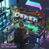 Unikito L Shaped Gaming Desk with LED Lights & Power Strips, 63'' Reversible Gaming Table Desk with Hutch, L-Shaped PC Gaming Desk with Storage, L Gamer Desk with Monitor Stand & Hook