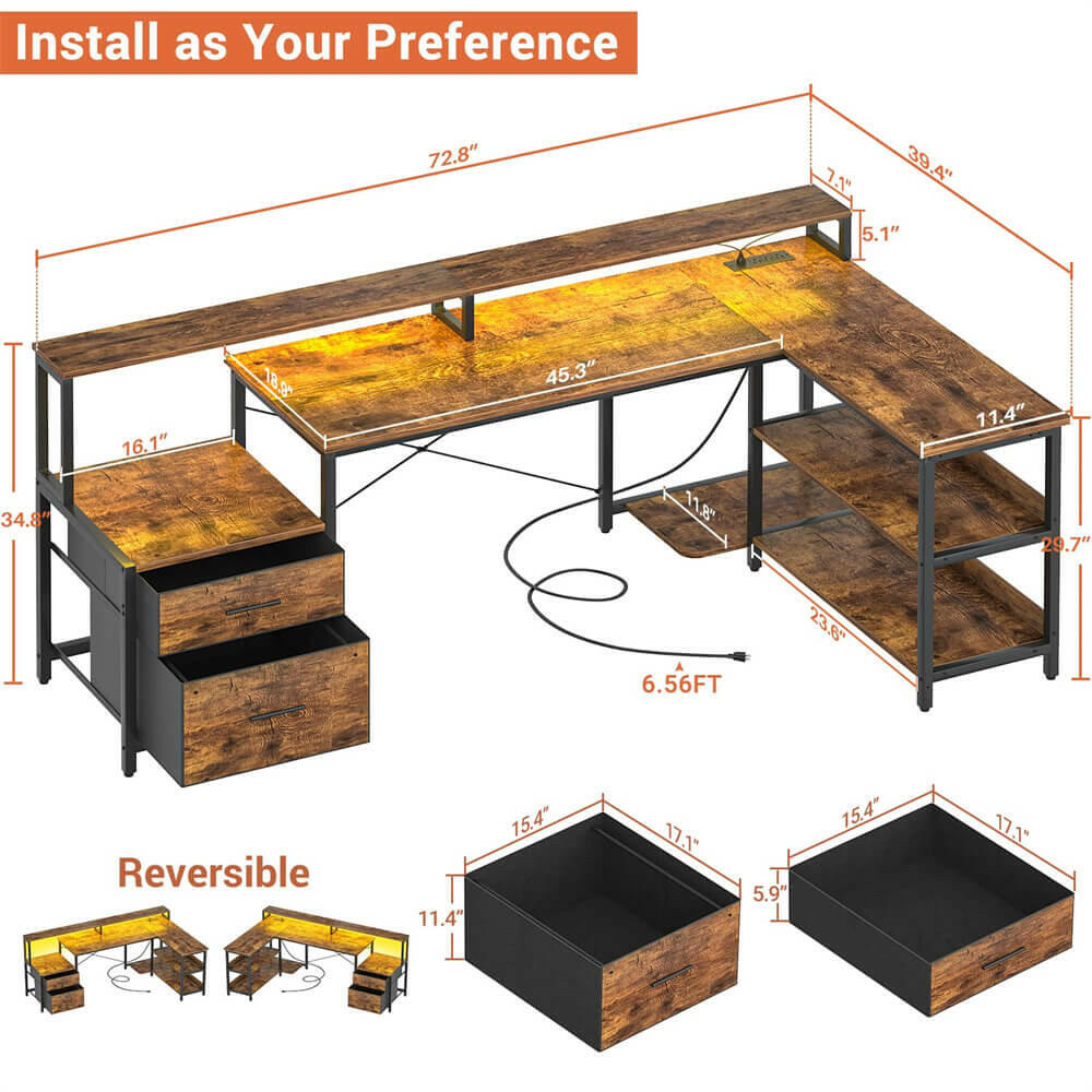 Unikito L Shaped Desk with File Drawer, 72.8" Reversible L Shaped Computer Desk with Power Outlet & LED Strip, Gaming Desk with Monitor Stand, Office Desk Corner Desk with Storage Shelf
