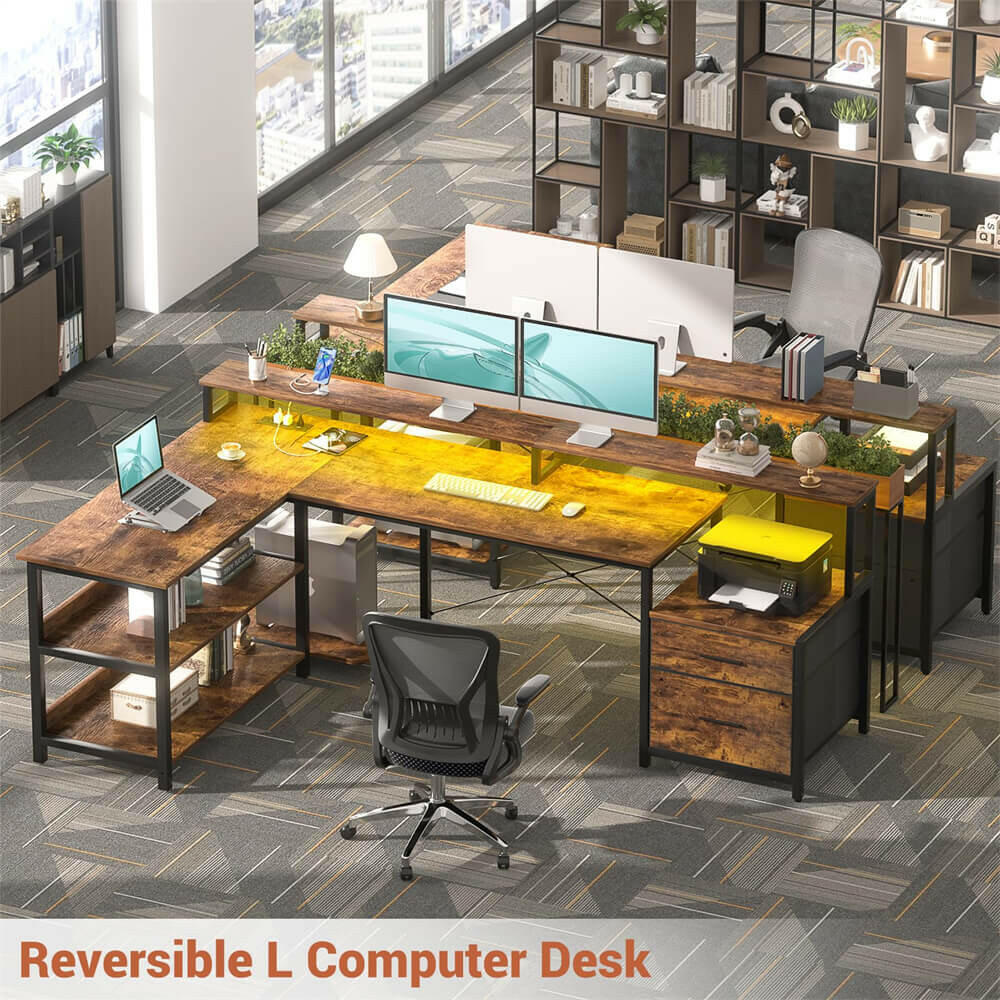 Unikito L Shaped Desk with File Drawer, 72.8" Reversible L Shaped Computer Desk with Power Outlet & LED Strip, Gaming Desk with Monitor Stand, Office Desk Corner Desk with Storage Shelf