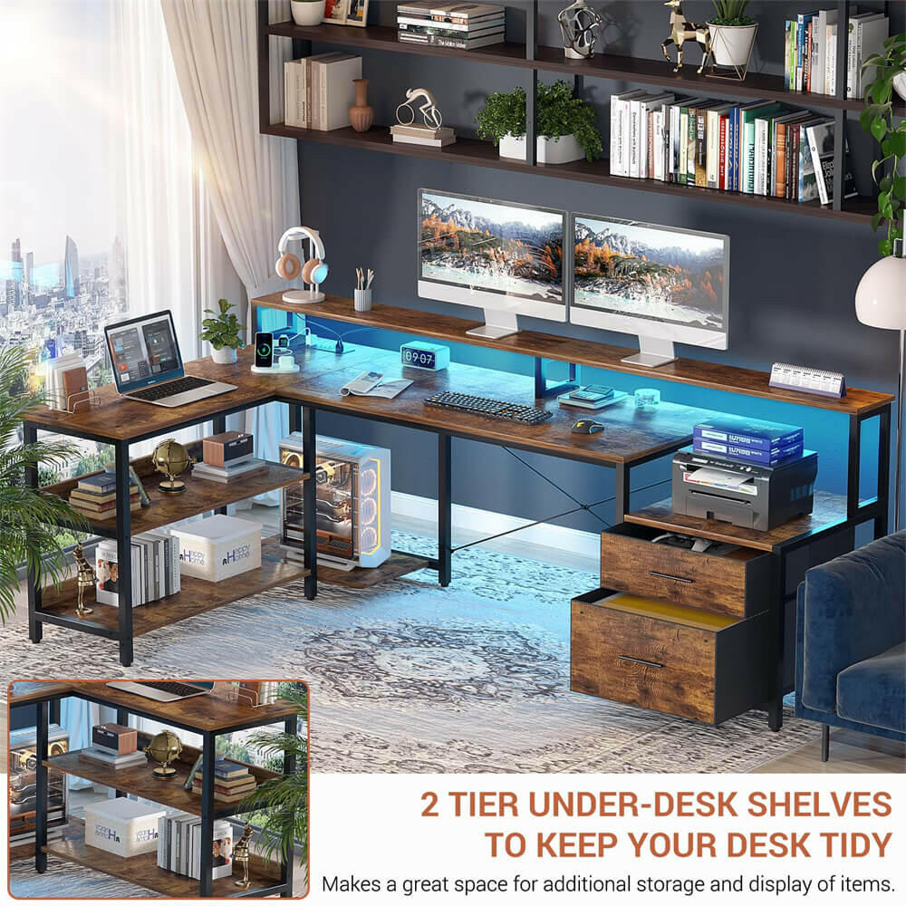 Unikito L Shaped Desk with File Drawer, 72.8" Reversible L Shaped Computer Desk with Power Outlet & LED Strip, Gaming Desk with Monitor Stand, Office Desk Corner Desk with Storage Shelf