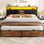 Unikito King Bed Frame with Charging Station & Led Lights, Platform Bed with Leather Upholstered Headboard and Storage, Metal Slats Support, No Box Spring Needed, Noise-Free, Easy Assembly