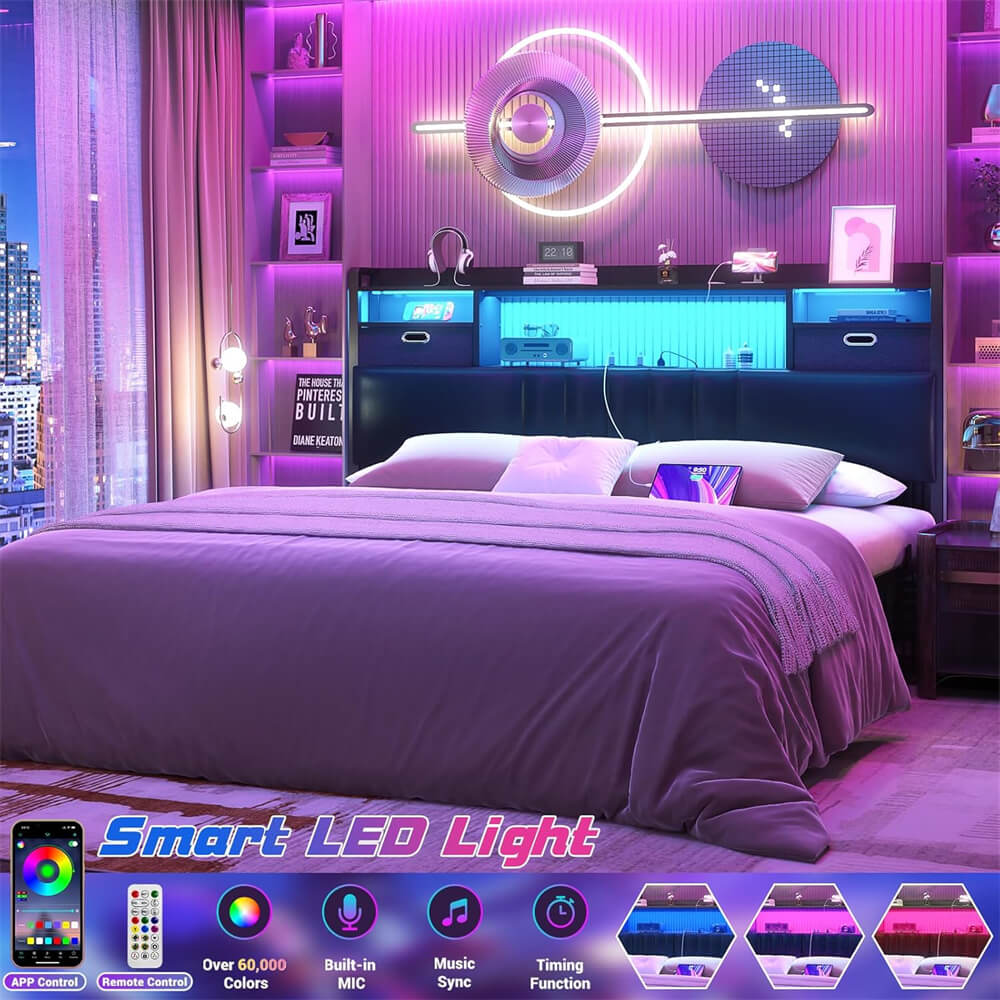 Full Size Headboard with Drawer Storage and RGB LED Light, Full Upholstered Headboard with Charging Station and Bookcase