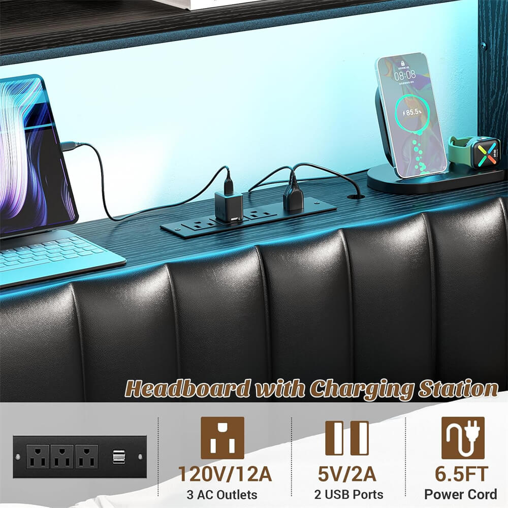 Full Size Headboard with Drawer Storage and RGB LED Light, Full Upholstered Headboard with Charging Station and Bookcase
