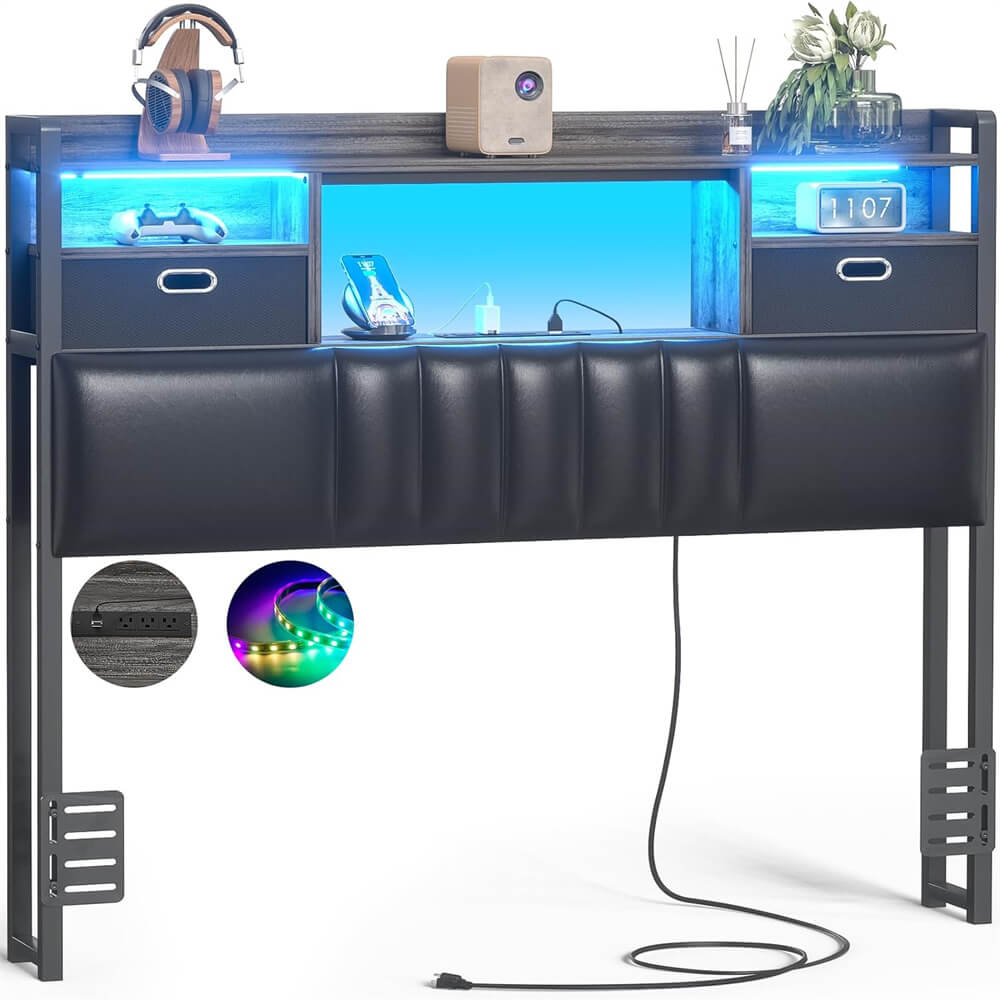 Twin Headboard with Drawer Storage and RGB LED Light, Twin Size Upholstered Headboard with Charging Station and Bookcase