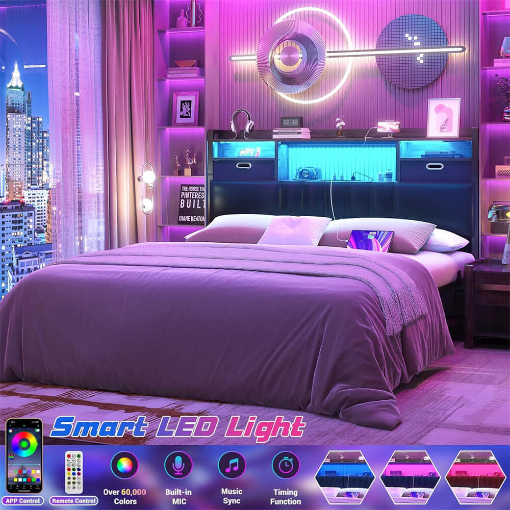Twin Headboard with Drawer Storage and RGB LED Light, Twin Size Upholstered Headboard with Charging Station and Bookcase
