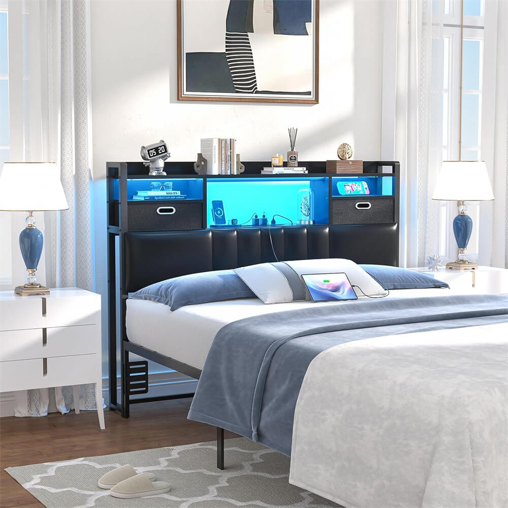 Twin Headboard with Drawer Storage and RGB LED Light, Twin Size Upholstered Headboard with Charging Station and Bookcase