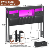 Twin Headboard with Drawer Storage and RGB LED Light, Twin Size Upholstered Headboard with Charging Station and Bookcase