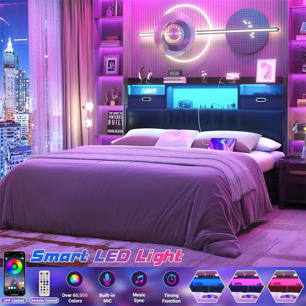 Twin Headboard with Drawer Storage and RGB LED Light, Twin Size Upholstered Headboard with Charging Station and Bookcase