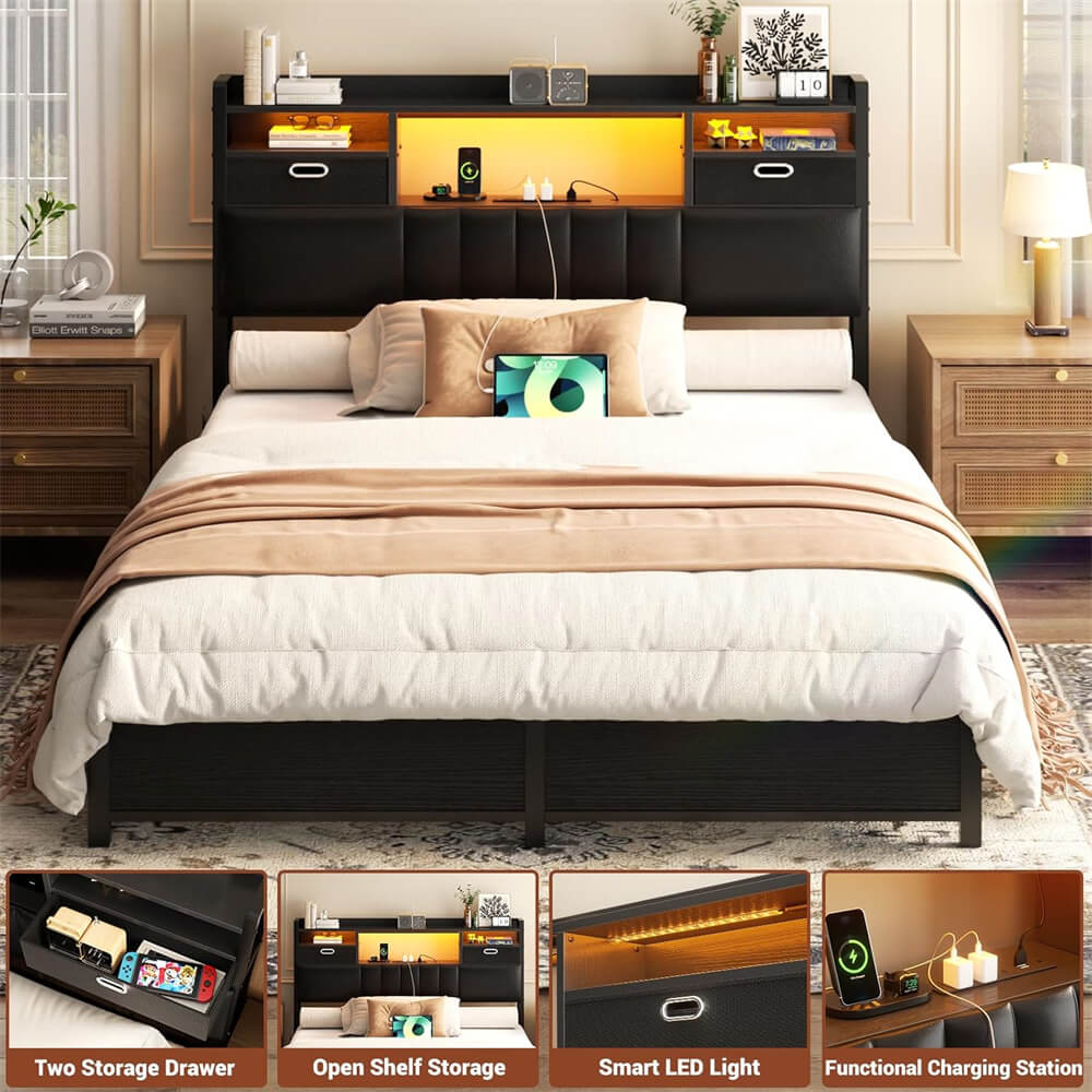 Twin Headboard with Drawer Storage and RGB LED Light, Twin Size Upholstered Headboard with Charging Station and Bookcase
