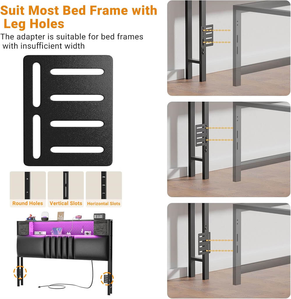 Upholstered Headboard for Full Size Bed Frame with Storage Shelf and Cabinet, Headboards with Outlets and RGB LED Light