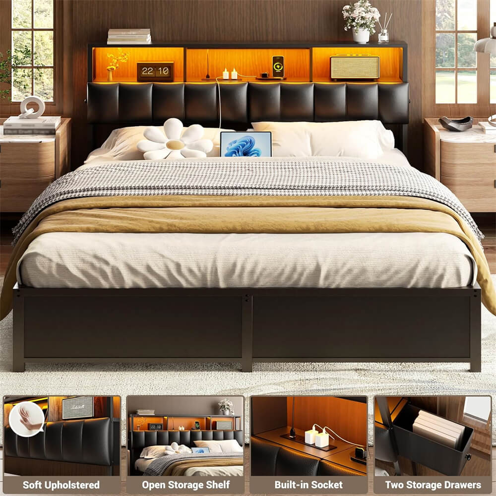 Queen Size Upholstered Headboard with 2 Hidden Drawer Storage