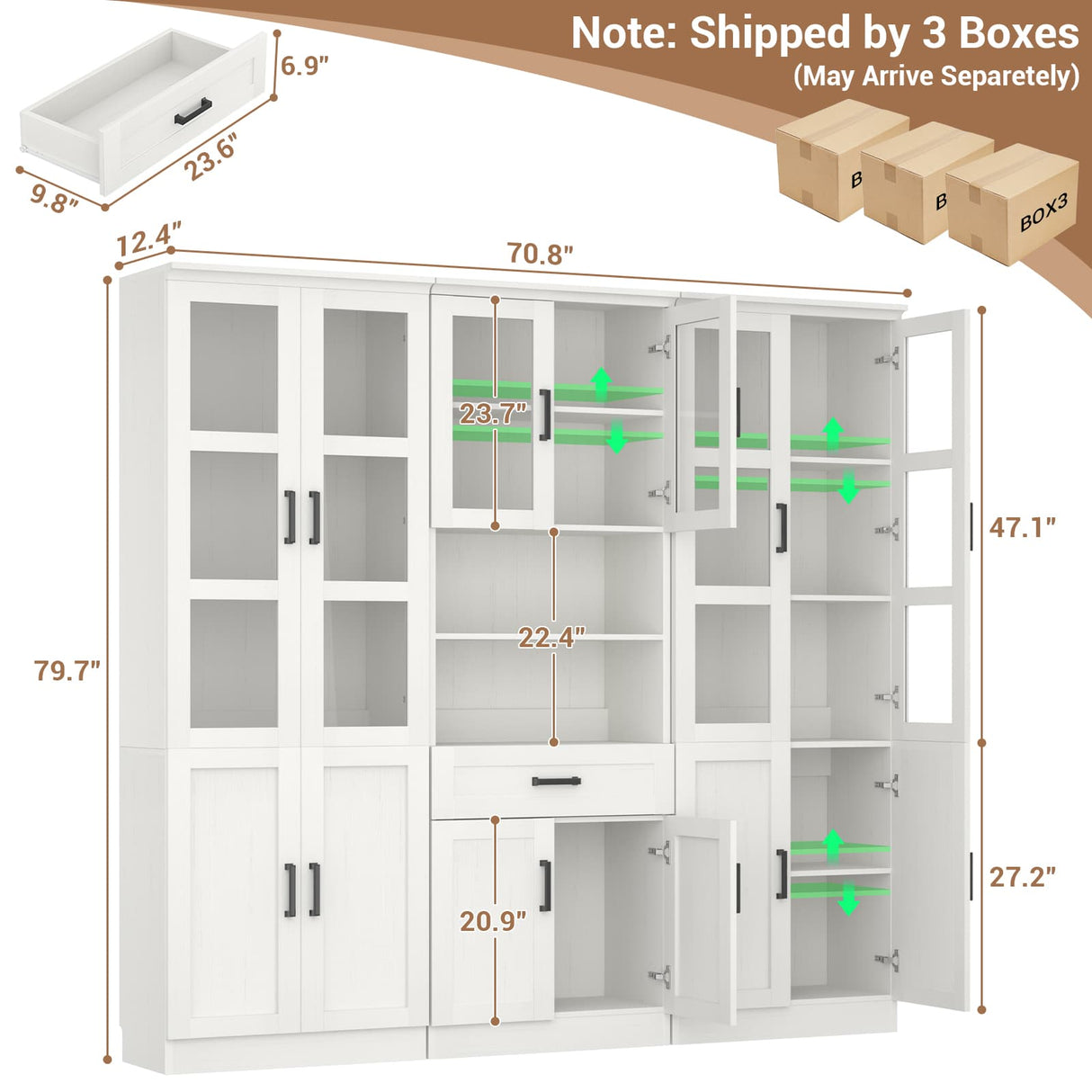 79.7" Tall Pantry Storage Cabinet with Glass Door, Adjustable Shelves, and Drawers, 3 Packs