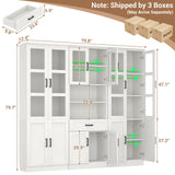 79.7" Tall Pantry Storage Cabinet with Glass Door, Adjustable Shelves, and Drawers, 3 Packs