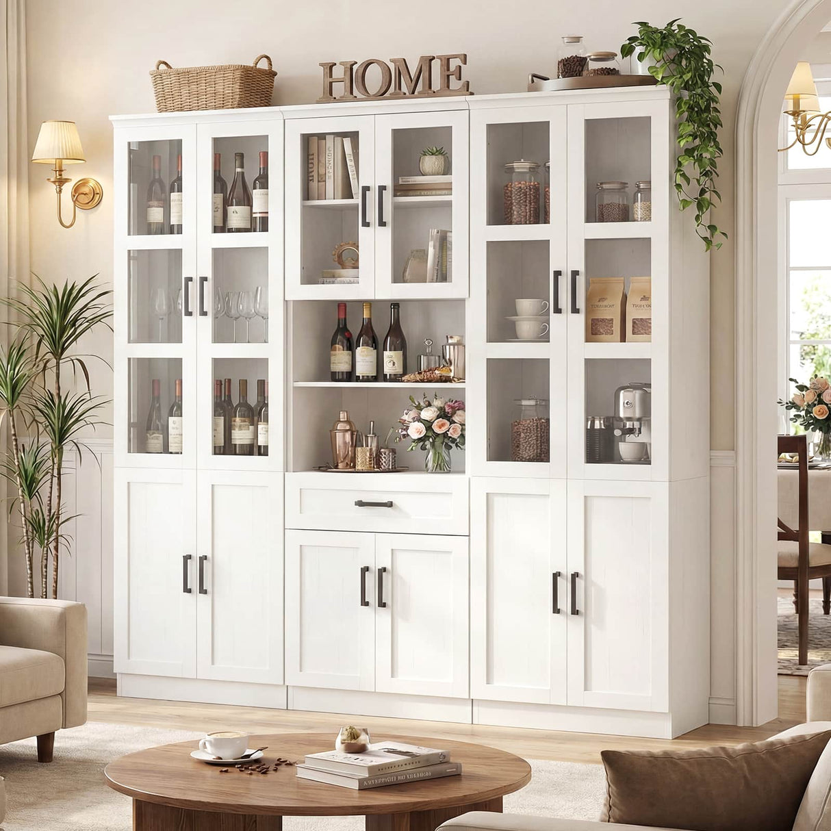 79.7" Tall Pantry Storage Cabinet with Glass Door, Adjustable Shelves, and Drawers, 3 Packs