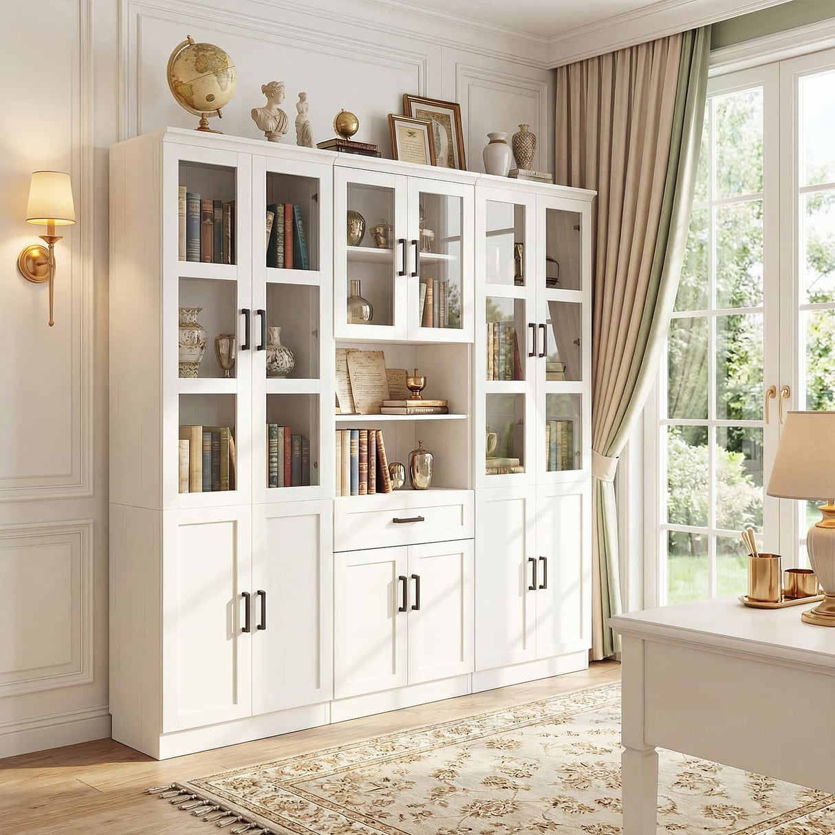 79.7" Tall Pantry Storage Cabinet with Glass Door, Adjustable Shelves, and Drawers, 3 Packs
