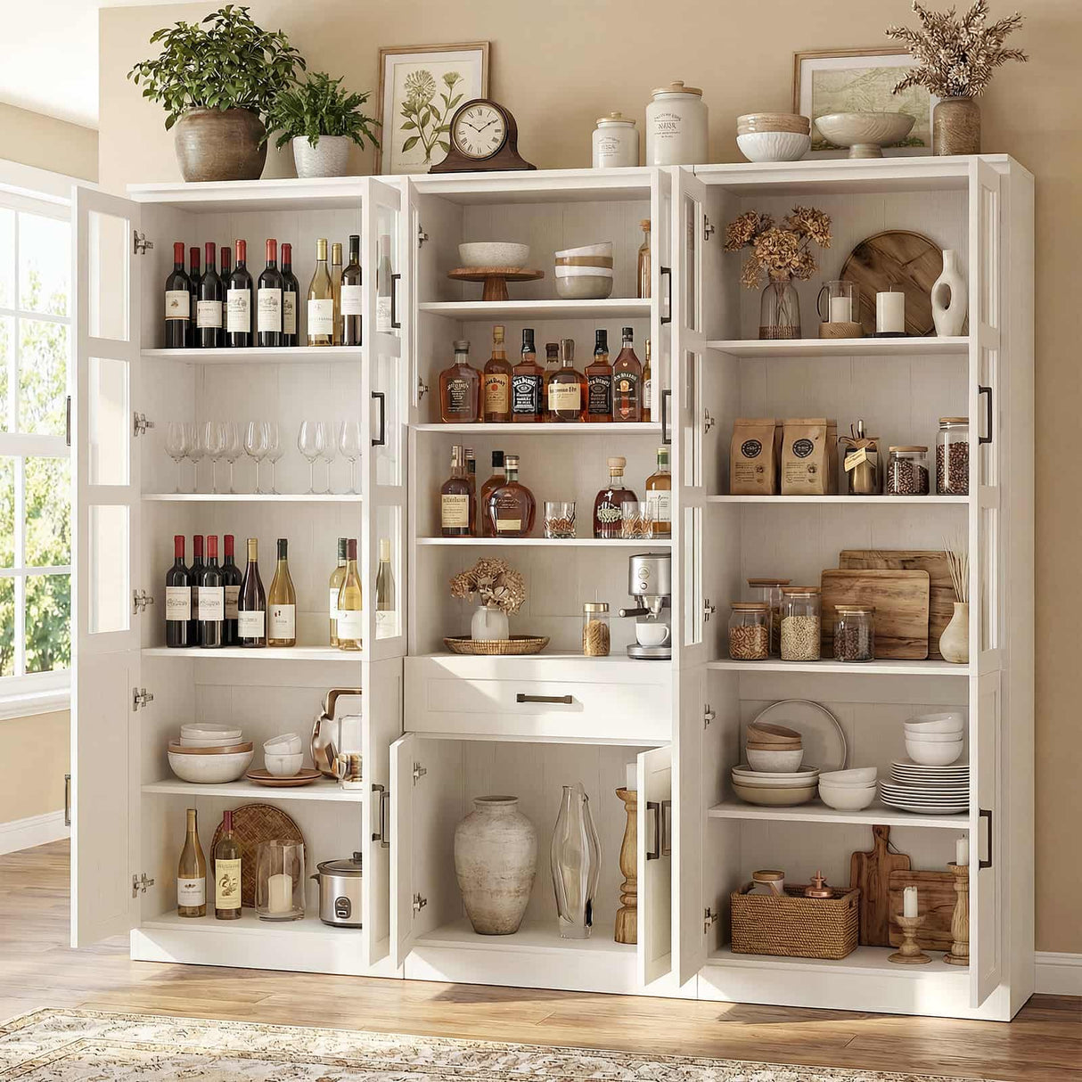 79.7" Tall Pantry Storage Cabinet with Glass Door, Adjustable Shelves, and Drawers, 3 Packs