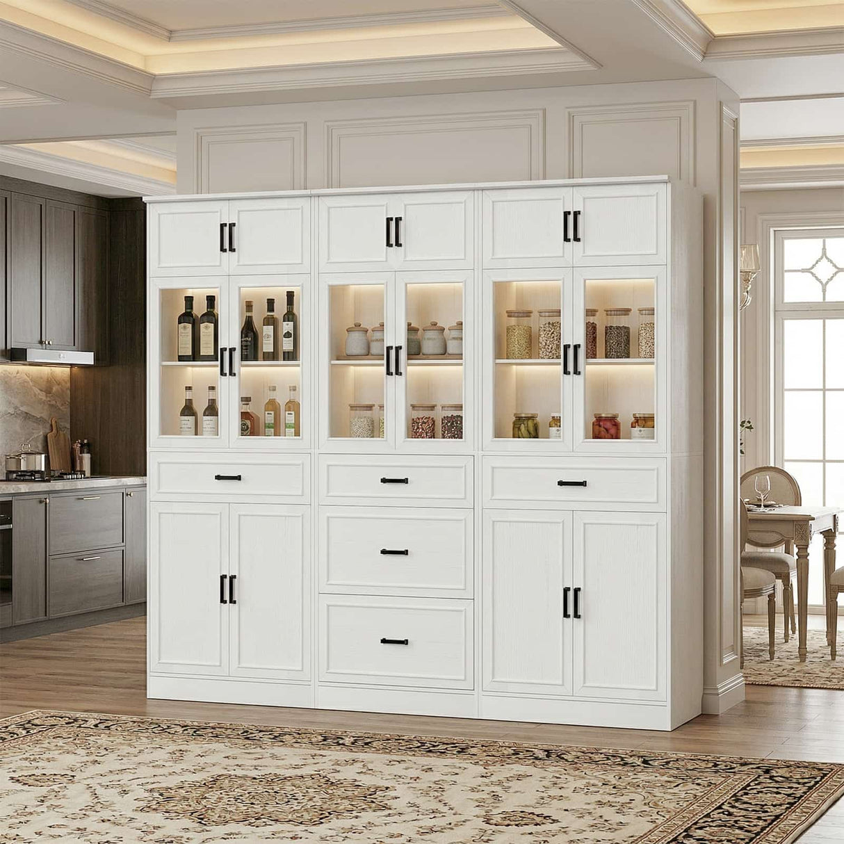 80" Tall Kitchen Pantry Storage Cabinet with Glass Doors, Adjustable Shelves and Drawer, 3 Packs