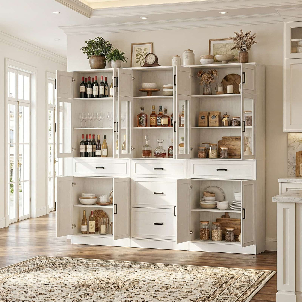 80" Tall Kitchen Pantry Storage Cabinet with Glass Doors, Adjustable Shelves and Drawer, 3 Packs