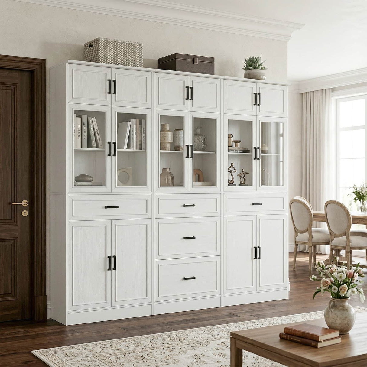 80" Tall Kitchen Pantry Storage Cabinet with Glass Doors, Adjustable Shelves and Drawer, 3 Packs